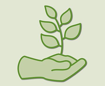 Stilisierte hellgrüne Hand, die Erde mit einem Pflänzchen vor einem grün-gelben Hintergrund hält