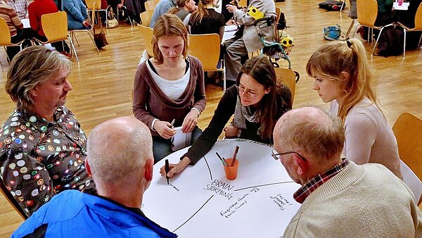 Personen an einem runden Tisch, die Inhalte zusammen erarbeiten
