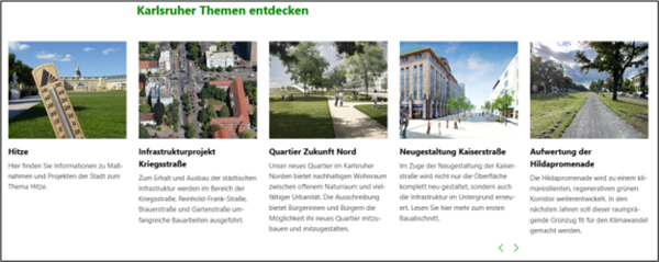 Das ist ein Bild von der Internet-Seite der Stadt Karlsruhe.  Es zeigt den Bereich: Karlsruher Themen entdecken.