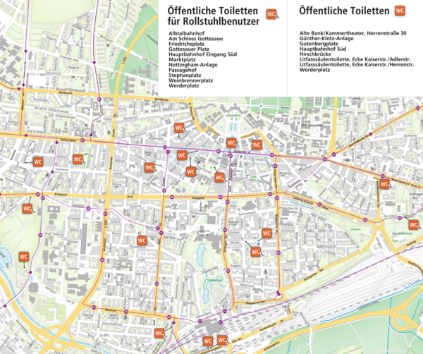 Kartenausschnitt von Karlsruhe mit öffentlichen Toiletten