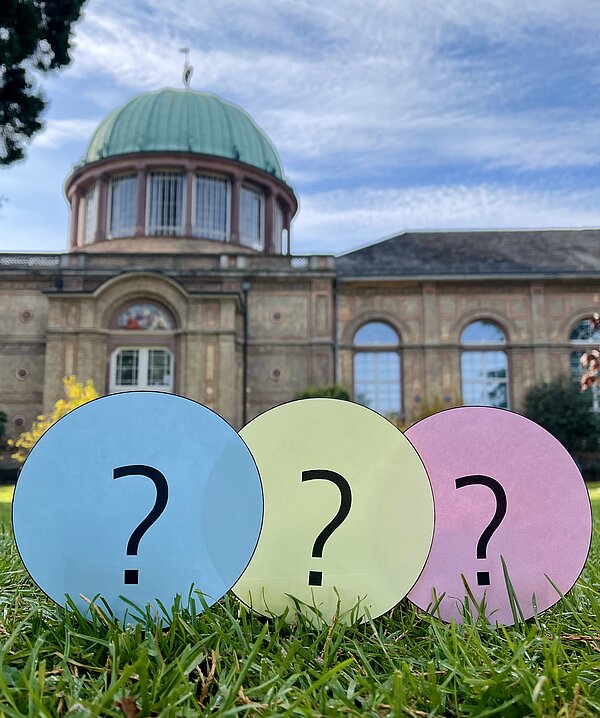 Fragezeichen auf runden, bunten Karteikarten auf der Wiese.