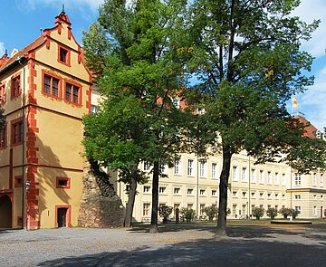  Blick auf die Karlsburg in Durlach  mit grünem Baumbestand