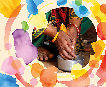 Farbenfroher Banner der Fairen Wochen mit unterschiedlichen Blasenförmigen Bildern, die Personen bei der Landwirtschaft zeigen.