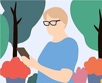 Diese Illustration zeigt eine Seniorin, die auf ihr Handy blickt.