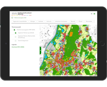 Abbildung der Benutzeroberfläche der Web App "Plan-Auskunft des Nachbarschaftsverbands Karlsruhe (NVK)"