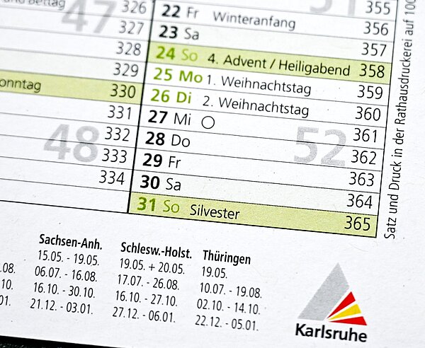 Kalenderausschnitt zeigt die Weihnachtsfeiertage und Silvester