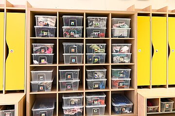 Aufbewahrungsmobiliar, Namensschildchen auf Kunststoffboxen