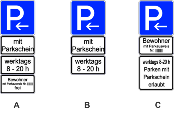 Die Abbildung zeigt verschiene Schilder für das Parken 