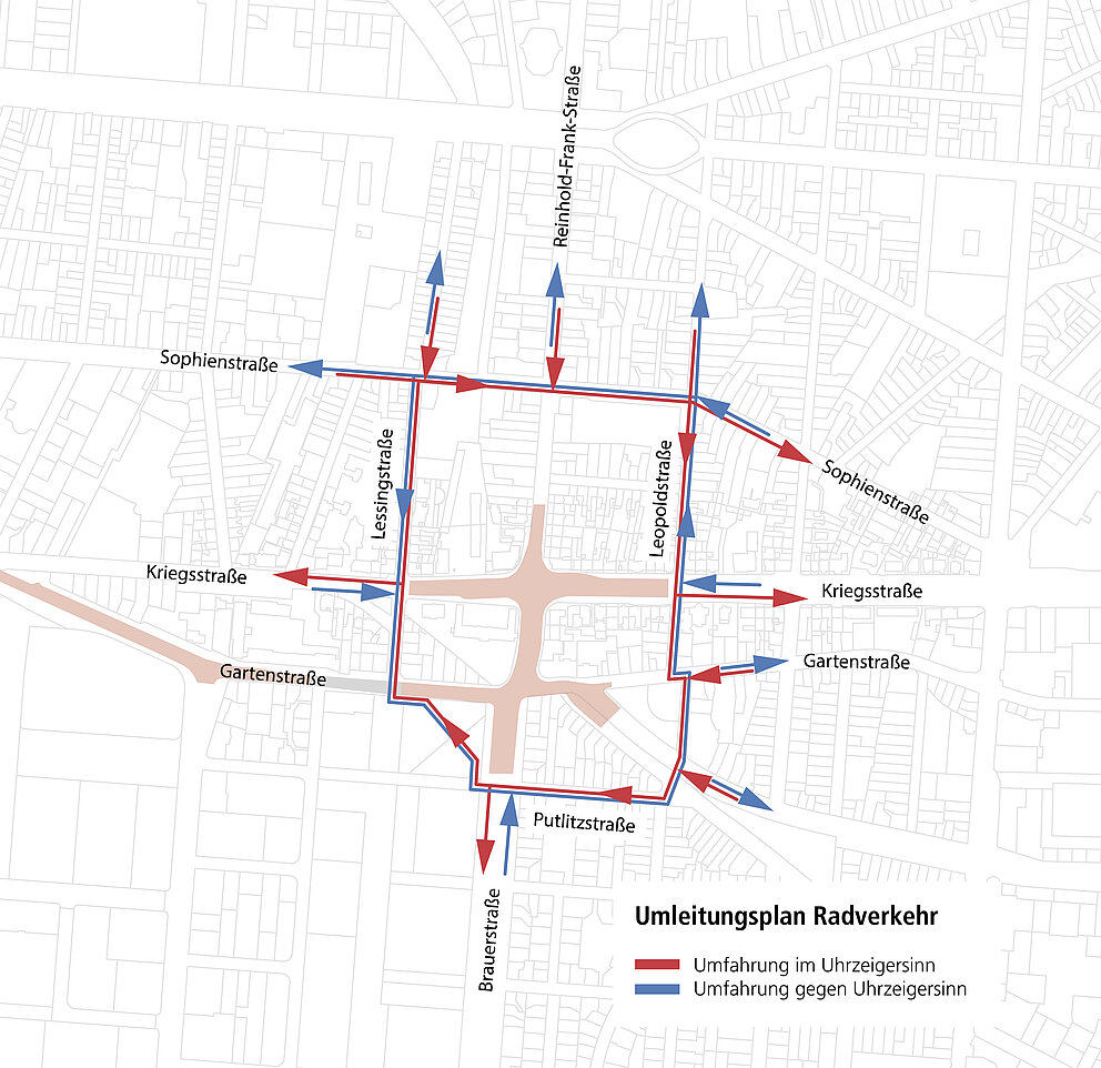 Die Grafik zeigt den Umleitungsplan für das Infrastrukturprojekt Kriegsstraße für den Radverkehr