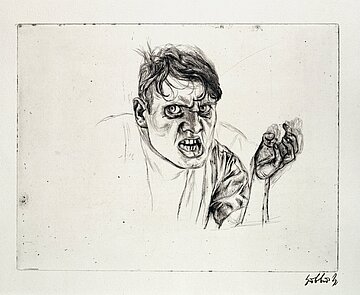 Eine Zeichnung des Künstlers Karl Hubbuch mit dem Titel "Selbstbildnis, wütend".
