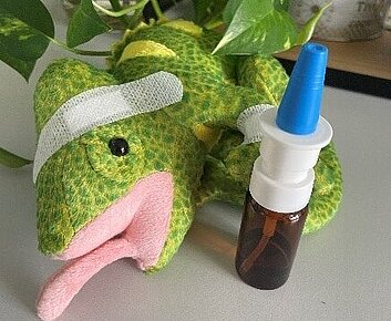 Stoffchamäleon mit Pflaster und Medizinzerstäuber