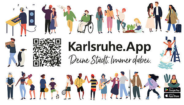 Diese Illustrationen zeigen verschiedene Möglichkeiten und Services in der Karlsruhe.App