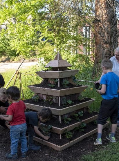 Die Erdbeerpyramide wird bepflanzt