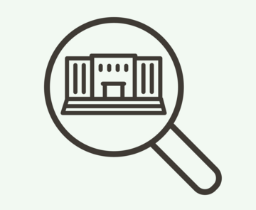 Piktogramm Wahllokalfinder mit Lupe in der ein Gebäude abgebildet ist.