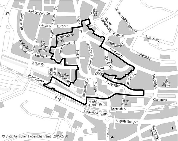 Plan mit Abgrenzung des Sanierungsgebietes Grötzingen Ortsmitte