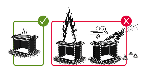 Piktogramm Kein unkontrolliertes Grillfeuer. Kein Grillen bei starkem Wind und Funkenflug.