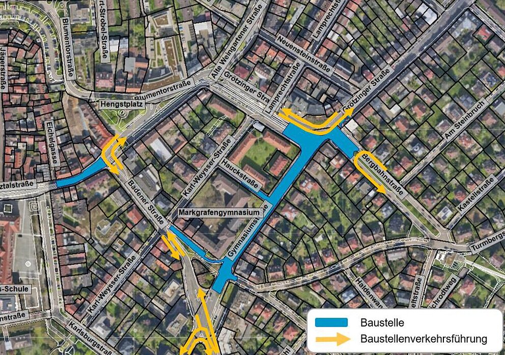 Umleitungen für den Individualverkehr während der ersten Bauphase in Durlach.