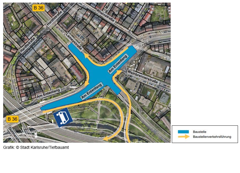 Plan für die Umleitungen des Straßenverkehrs während der Baustelle am Entenfang