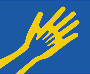Die Grafik steht symbolisch für die Ukrainehilfe. Sie zeigt eine gelbe Hand vor blauem Hintergrund.