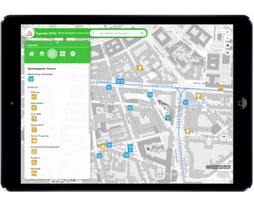 Abbildung der Benutzeroberfläche der Web App "Agenda 2030 - Nachhaltigkeit in Karlsruhe"