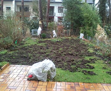 Das Bild zeigt durch Wildschweine aufgewühlte Erde in einem Garten.