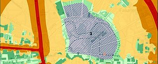 Die Abbildung zeigt einen Kartenausschnitt zu Ruhigen Gebieten im Karlsruher Stadtgebiet.