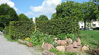 Das Bild zeigt eine Kräuterspirale und Beete im Hildagarten.