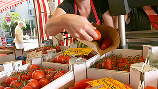 Das Bild zeigt einen Marktstand mit Tomaten und steht symbolisch für den Wochenmarkt Rüppurr
