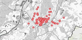 Die Grafik zeigt einen Kartenausschnitt zu WLAN- beziehungsweise Mobilfunkstandorten in Karlsruhe.