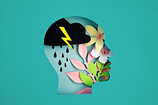 Collage eines Kopfes im Profil mit einer Gewitterwolke und Regen, im Gesicht Blüten und Blättert