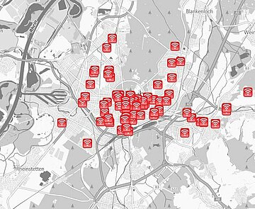 Die Grafik zeigt einen Kartenausschnitt zu WLAN- beziehungsweise Mobilfunkstandorten in Karlsruhe.