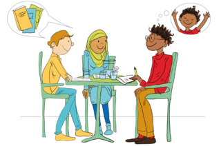 Drei erwachsene Menschen sitzen an einem Tisch zur Besprechung (Zeichnung)