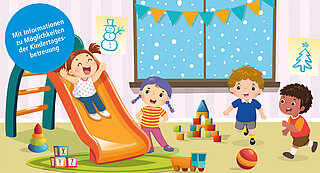 Illustration: Vier Kinder spielen in einem Zimmer, ein Kind rutscht, auf dem Boden liegen viele Spielsachen. Vor dem Fenster schneit es.