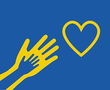 Ukrainehilfe: Die Grafik steht symbolisch für die Ukrainehilfe. Sie zeigt eine gelbe Hand und ein gelbes Herz vor blauem Hintergrund.