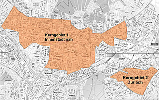 Die Abbildung zeigt Karlsruher Kernzonen für das E-Scooter-Sharing.