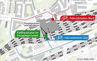 Die Grafik gibt einen Überblick über die Lage der Fahrradstationen am Hauptbahnhof.