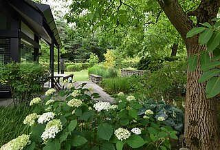 Das Bild zeigt einen Privatgarten mit Terasse, zahlreichen Bäumen und im Vordergrund Hortensien. 