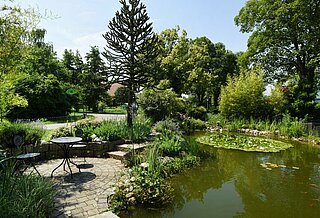 Das Bild zeigt einen Privatgarten mit großem Seerosenteich und einer Sitzecke. 