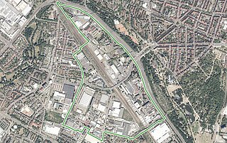 Luftbild mit Abgrenzung Sanierung Gewerbegebiet Grünwinkel