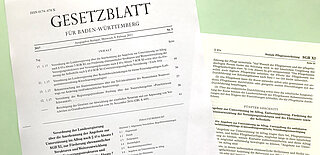 Zwei Dokumente (nur im Anschnitt sichtbar) auf grünem Grund: Gesetzesblatt für Baden-Württemberg und Soziale Pflegeversicherung SBG XI 