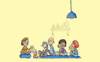Illustration von drei Eltern sitzend auf dem Boden mit Kindern und einer stehenden Person, die etwas erzählt.