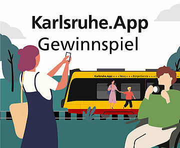 Grafik zum Karlsruhe.App Gewinnspiel - sie zeigt im Hintergrund eine mit Werbung der Karlsruhe.App beklebte Straßenbahn.