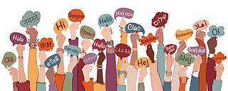 Hände, die Sprechblasen mit dem Wort "Hallo" auf unterschiedlichen Sprachen hochhalten