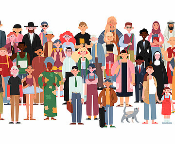 Illustration einer Gruppe von gesellschaftlich vielfältigen, multikulturellen und multirassischen Menschen. Glückliche alte und junge Frauen und Männer mit Kindern, sowie Menschen mit Behinderungen stehen zusammen.