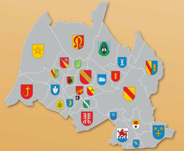 Abbildung Stadtgebiet mit Wappen.
