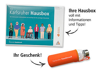 Ihr Geschenk: Glasflasche mit orangem Neoprenüberzug und der Aufschrift Karlsruher Hausbesuch