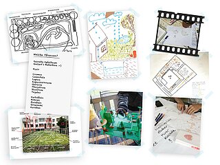 Collage aus Fotos, Zeichnungen, Plänen, Listen und Filmstreifen