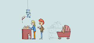 Illustration von zwei Erwachsenen mit strampelndem Baby auf einem Winkeltisch.