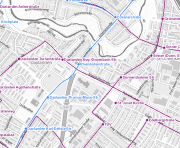 Abbildung der Hintergrundkarte "Regiokarte mit Straßenbahn- und Busliniennetz"