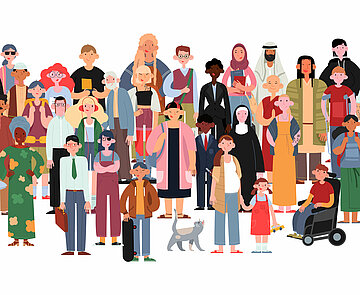 Illustration einer Gruppe von gesellschaftlich vielfältigen, multikulturellen und multirassischen Menschen. Glückliche alte und junge Frauen und Männer mit Kindern, sowie Menschen mit Behinderungen stehen zusammen.